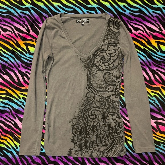 Metal Mulisha Charcoal Long Sleeve V-Neck Blouse - Picture 1 of 4